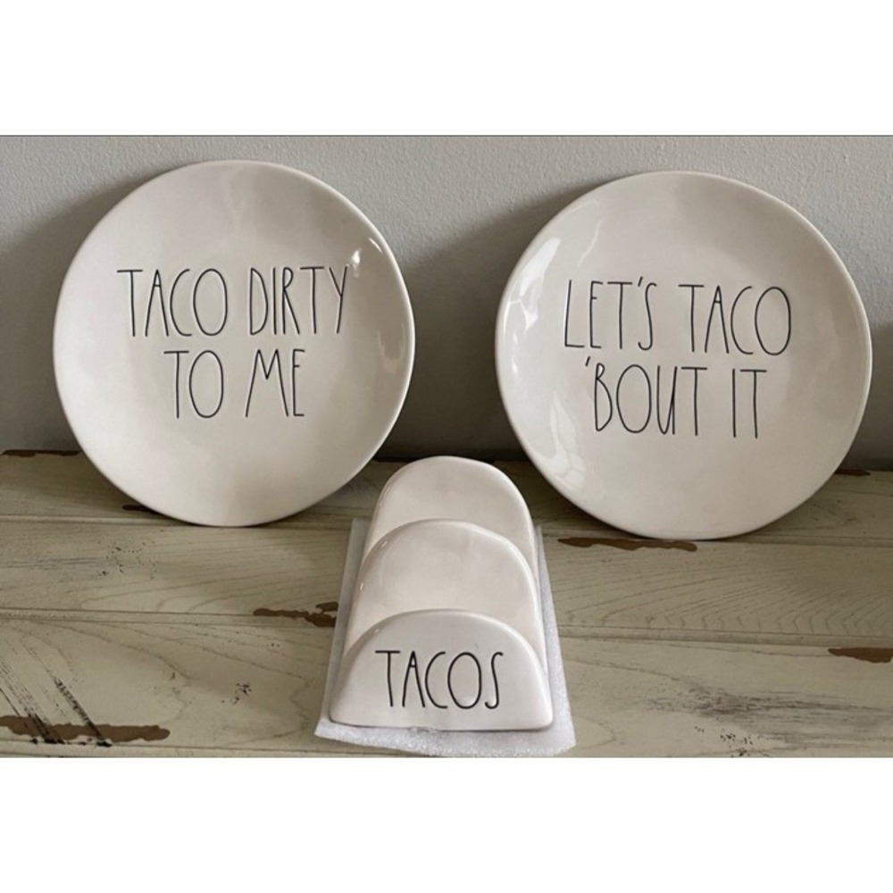 Rae Dunn Ceramic Taco Plates & Holder Set Let's Taco About It - Picture 2 of 2